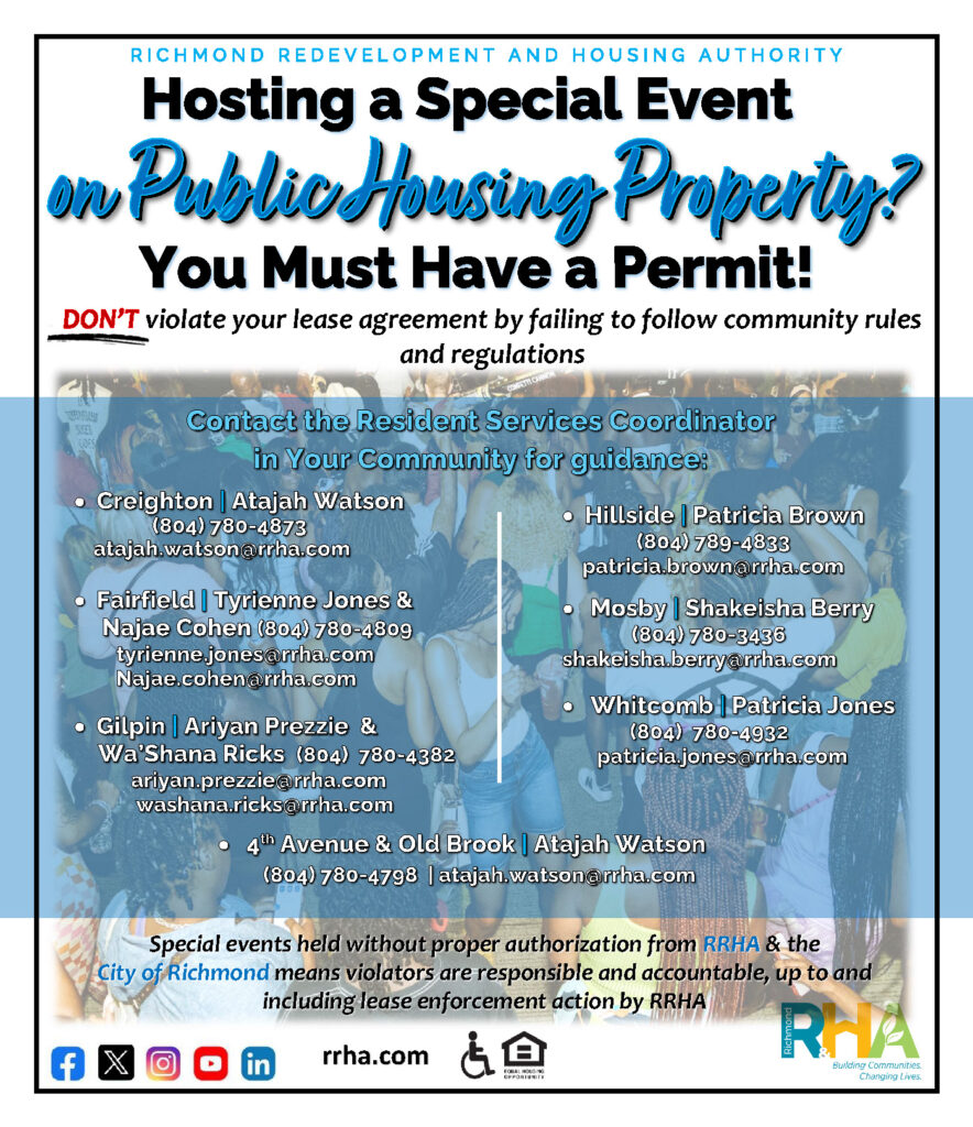 A poster with information on Special Event permits at RRHA
