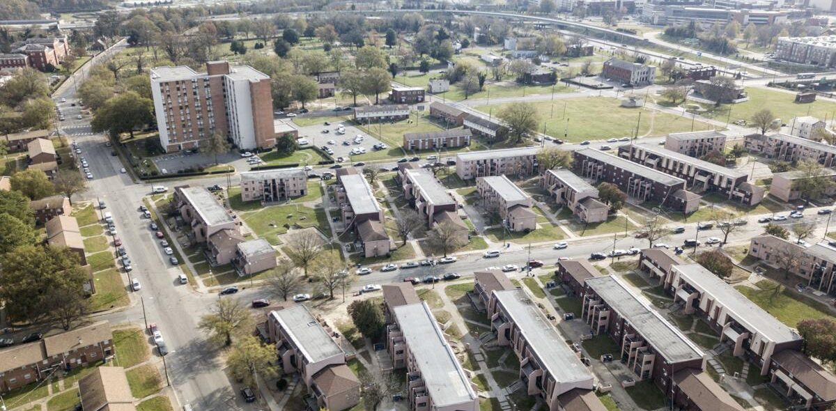 An aerial view of public housing blocks.
