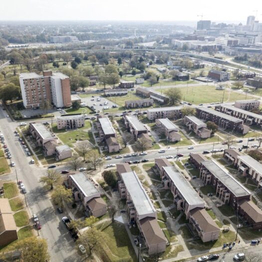 An aerial view of public housing blocks.