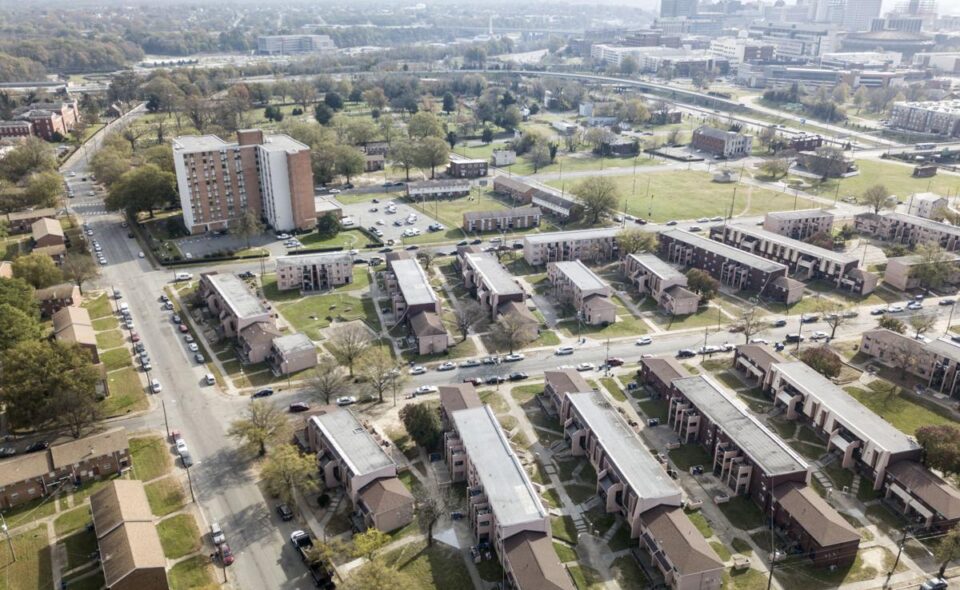 An aerial view of public housing blocks.