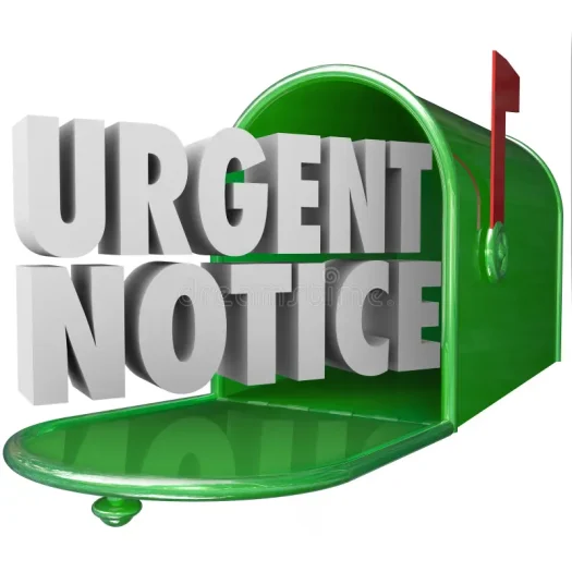 A 3D mailbox graphic reading "URGENT NOTICE."