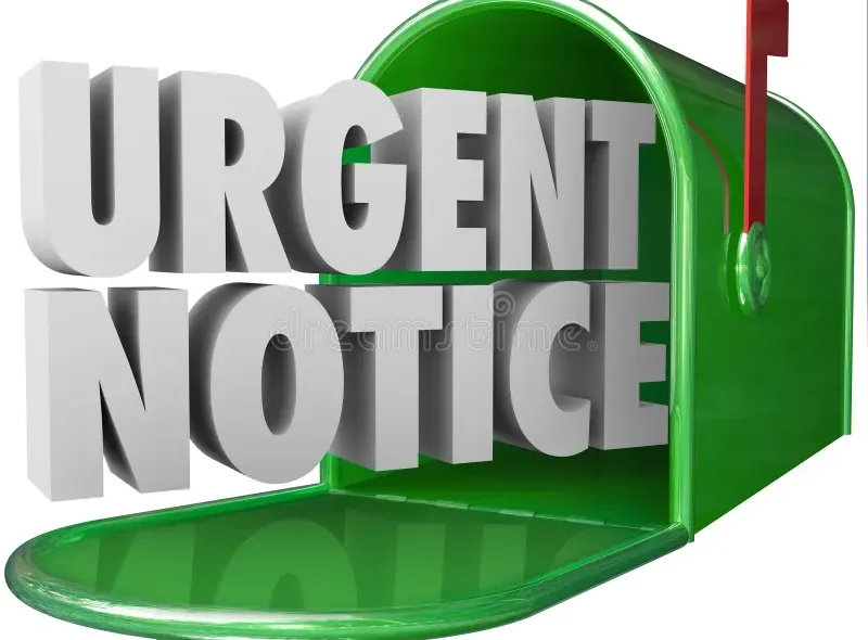 A 3D mailbox graphic reading "URGENT NOTICE."